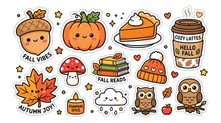 Cute fall stickers vector collection with autumn elements, pumpkin, coffee cup, pie, and owls © LipiRani