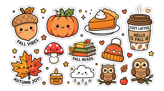 Cute fall stickers vector collection with autumn elements, pumpkin, coffee cup, pie, and owls