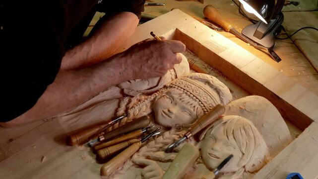 Overhead view of craftsman detailing carved wooden relief with gouge and chisels under warm lamp light, with woodcarving, carving, craftsman, workshop detail, showing handmade, artisan, chisel
