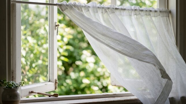 White sheer curtains blowing gently in the breeze through an open window with green foliage outside.
