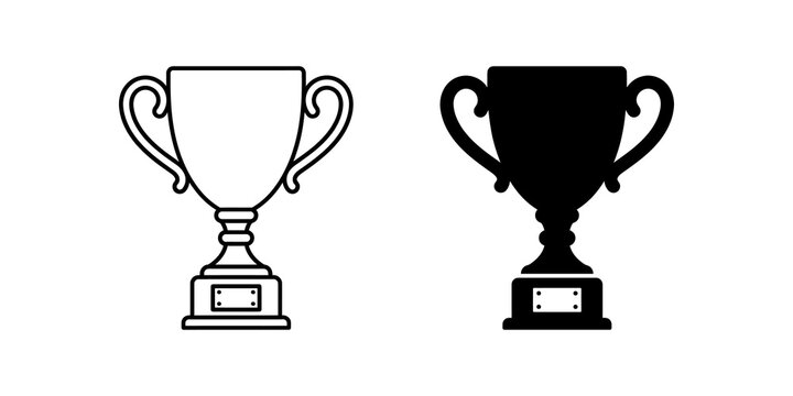 Winner trophy cup icon set in black outline and solid style for sports achievement awards.