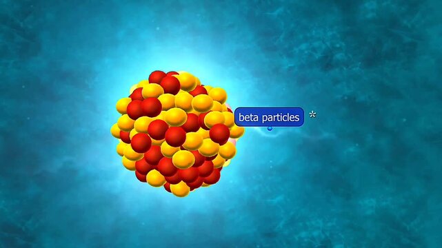 3D animation of beta decay showing nuclear transformation, particle emission, and energy release.