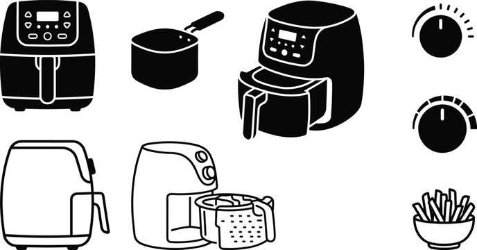 Air Fryer Icon Set with Electric Kitchen Appliances Cookware and Healthy Cooking Symbols for Recipe Blogs Restaurant Menus and Home Tech Graphics