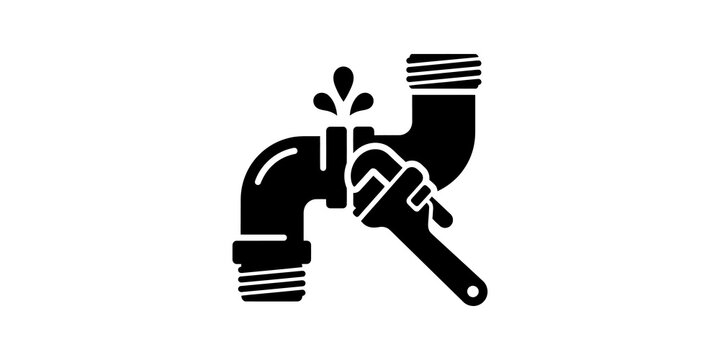 Leaking pipe repair using adjustable wrench tool illustration for plumbing services flat icon.