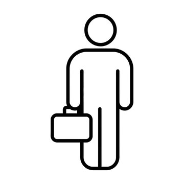 Black and white line art icon of a businessman holding a briefcase, simple flat design
