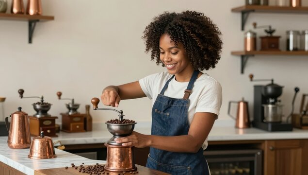 Smiling Young African American Woman Using Manual Copper Coffee Grinder in a Modern Rustic Kitchen Preparing Fresh Roasted Coffee Beans for Brewing in Warm Morning Light