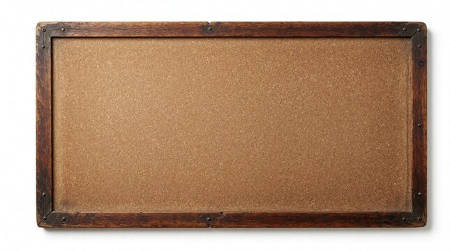 Old cork board with wooden frame on white background. Useful for messages, notices, art displays. Retro style bulletin board for announcements, photos, memos. Versatile empty space for text images.