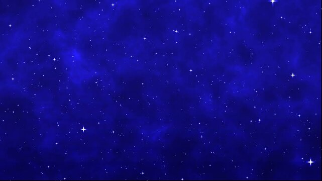 A vast and enchanting deep space night sky background featuring a glowing dark blue nebula with twinkling brilliant white stars and celestial cosmic dust clouds for creative astronomical web graphic d