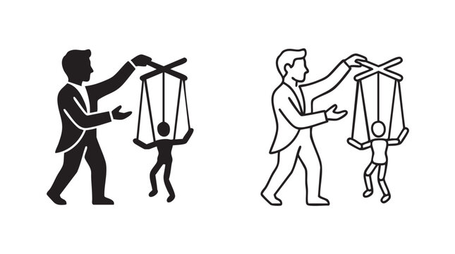 puppeteer silhouette with line art vector icon featuring marionette