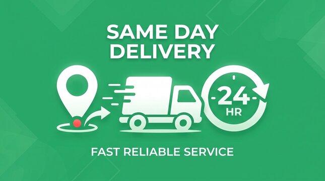 White same day express delivery truck logo with 24 hour service and location pin icon.