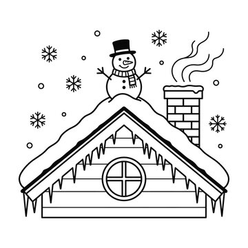 Snowman on roof of house with chimney and snowflakes winter scene
