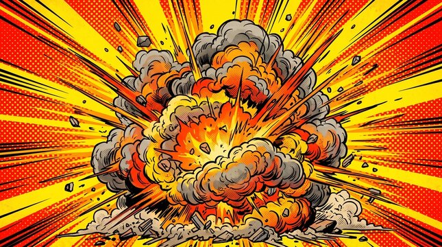 Dynamic comic book style illustration featuring a powerful explosive blast with vibrant yellow and red rays