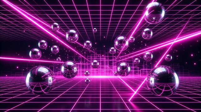 Abstract digital background featuring floating metallic spheres and glowing pink laser beams in a virtual space