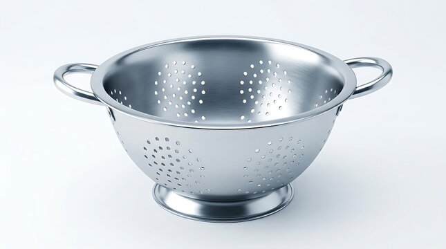 Stainless steel colander with double handles and draining base isolated on white background