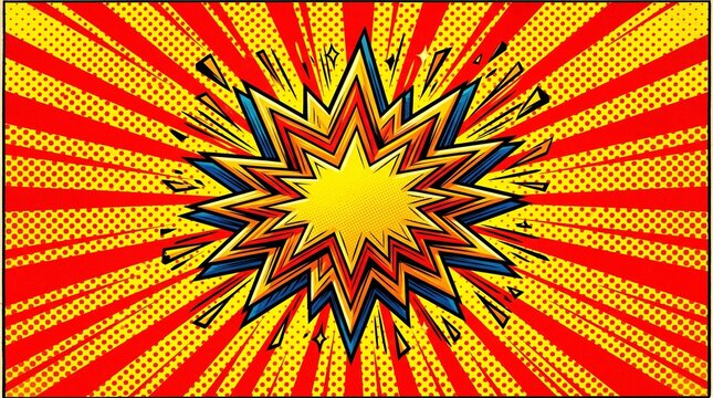 Vibrant comic book style explosion background with red and yellow sunburst rays and halftone dot pattern