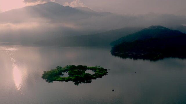 Aerial view Landscape of Sun Moon Lake at sunrise in Taiwan.
