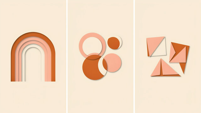 Set of three abstract geometric compositions with arches, overlapping circles, and folded shapes