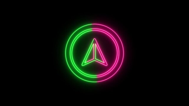Glowing neon navigation arrow icon with pink and green circle frame
