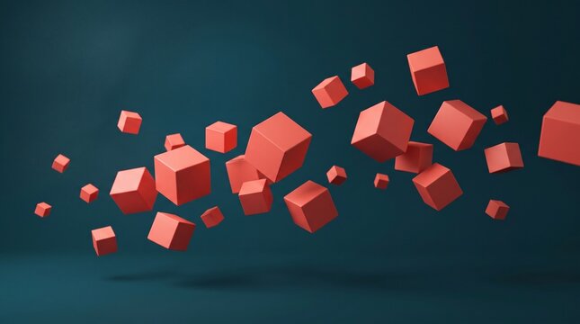 Abstract background featuring many floating red cubes of various sizes against a dark blue studio backdrop
