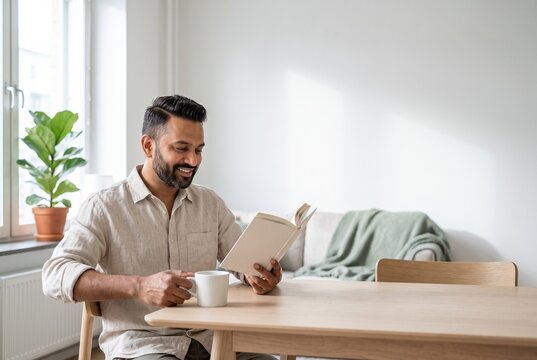 South Asian Man Reading With Morning Coffee in Minimalist Scandinavian Apartment