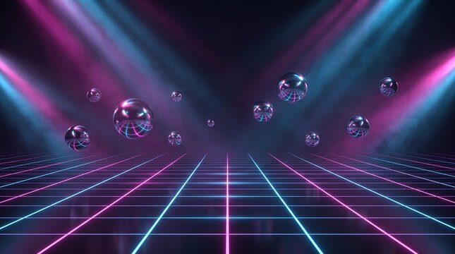 Abstract digital background with glowing neon grid lines and floating particles in a dark virtual space