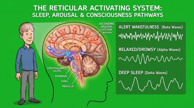 Educational diagram of the reticular activating system with brain waves