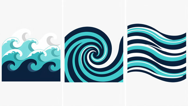 Set of three abstract ocean wave featuring swirling water and layered blue curves