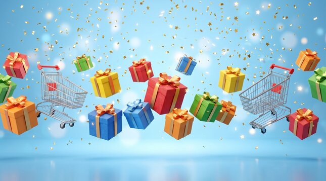 Festive background with colorful gift boxes floating in the air against a bright blue bokeh backdrop