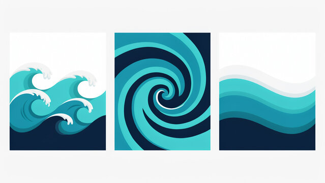 Set of three abstract ocean wave with swirling water patterns in teal and blue
