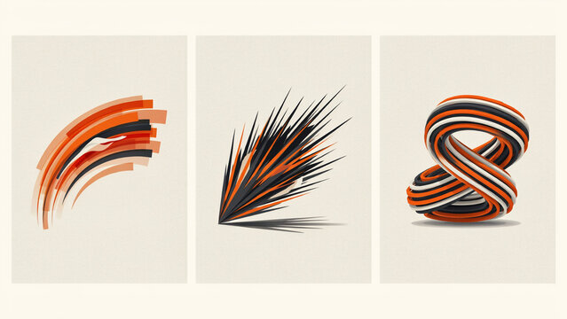 Set of three abstract posters with orange and black dynamic lines and three dimensional shapes