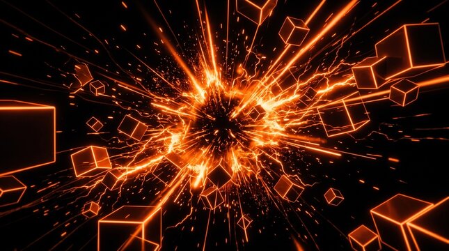 Abstract background featuring glowing orange light streaks and geometric shapes exploding in a dark digital space