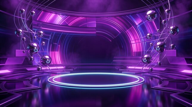 Empty stage with circular glowing platform in a futuristic nightclub setting with vibrant purple neon lights