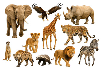 Fototapeta premium Wild African animal PNG collage on transparent background with elephant, lion, zebra and rhino