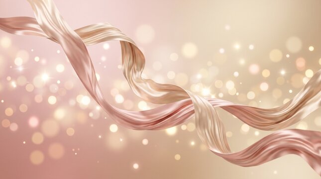 Elegant abstract background with flowing rose gold silk ribbons and soft glowing bokeh light particles effect