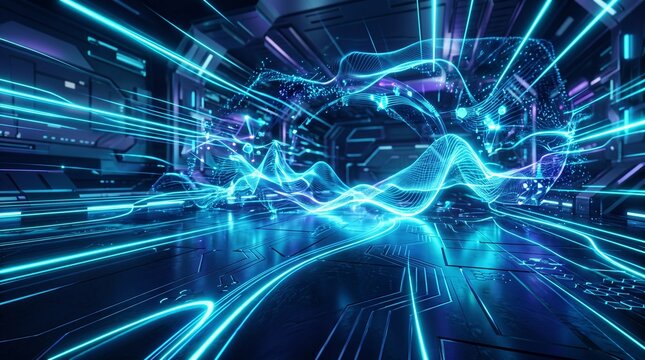 Abstract digital background featuring glowing blue neon light streaks moving fast through a dark futuristic space