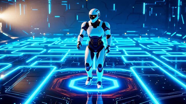 AI Training Loop: Robot in a Glowing Maze