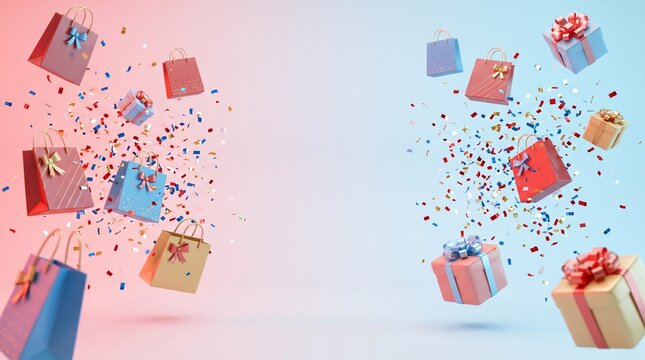 Festive shopping bags and gift boxes floating with colorful confetti on a split pink blue background