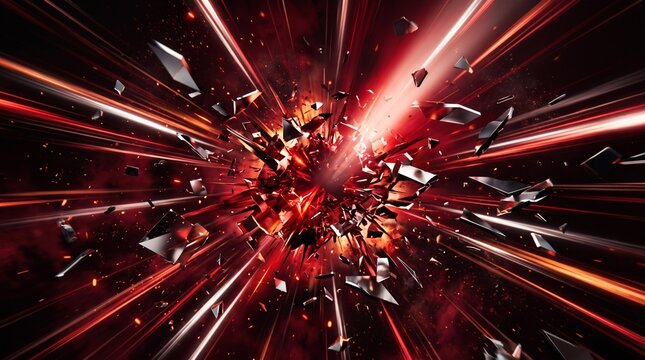 Abstract background featuring intense red light streaks and explosive motion blur creating a dynamic cosmic effect