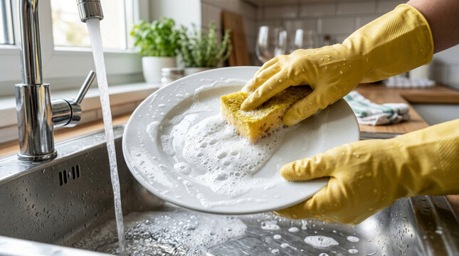 Hands in yellow gloves washing plate with sponge under running water in kitchen sink