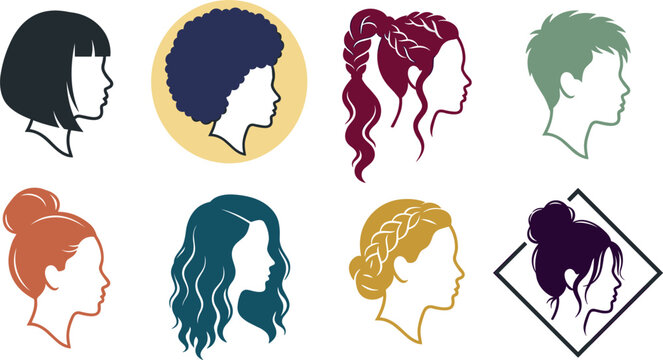 Woman Hairstyle Profile Silhouette Vector Icon Set Featuring Afro, Bob Cut, Braided Ponytail, Messy Bun, Pixie Crop, and Wavy Hair Beauty Salon Logos