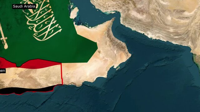 Map of yemen highlighted in red with saudi arabia flag overlay