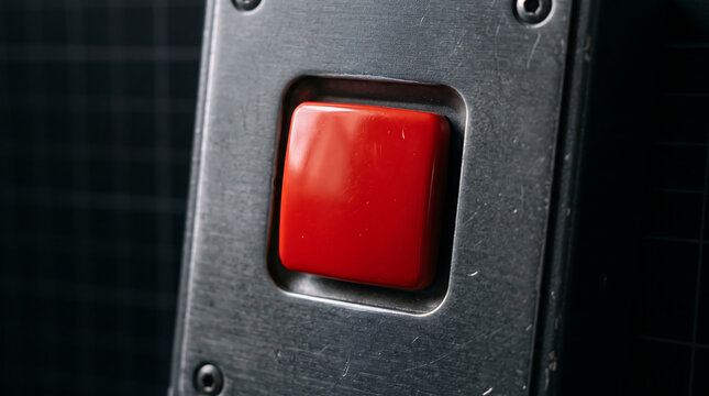 A close up view of a bright red square push button mounted on a brushed metal control panel surface