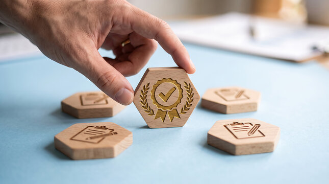A hand placing a wooden hexagon block with a quality stamp symbol among other blocks on a desk