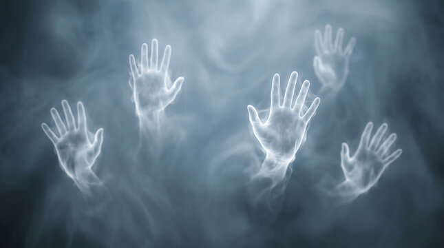 Ghostly human hands emerging from thick grey fog representing lost souls or trapped spirits in darkness