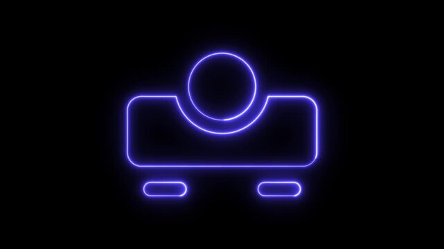 Glowing purple neon projector icon isolated on a dark black background