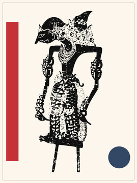 Javanese wayang kulit shadow puppet in distressed black ink, with batik costume and elongated arms, blending Indonesian folk tradition with grunge stencil styling.