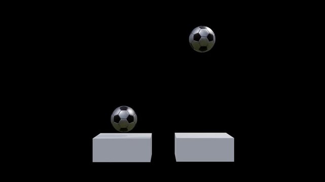 Two footballs bouncing up and down on white box in dark loop animation