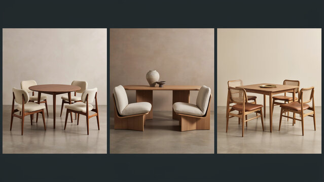 Three dining room scenes with wooden tables and chairs in minimalist interior