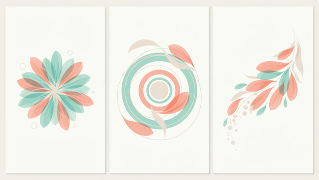 Set of three minimalist posters with teal and coral floral and abstract circles