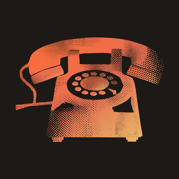 Vintage rotary dialer, the classic ring dial desk phone, rendered in bold halftone dots with a to amber gradient, capturing nostalgic mid century style.